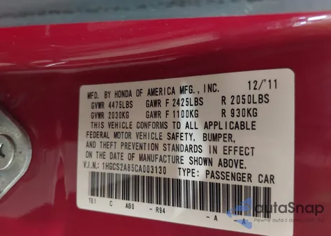 2012 Honda Accord 3.5 Ex-L z USA, uszkodzony, nr VIN 1HGCS2A85CA003130